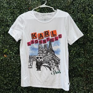 Karl Lagerfeld Women’s Paris Eiffel Tower Sketch White T-Shirt Size M PRE OWNED